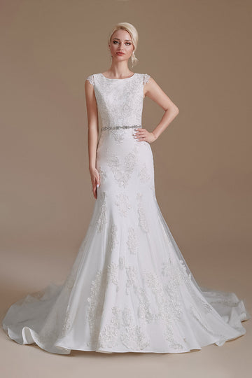 Casquette de sirène blanche Manches Robe de mariée avec dentelle